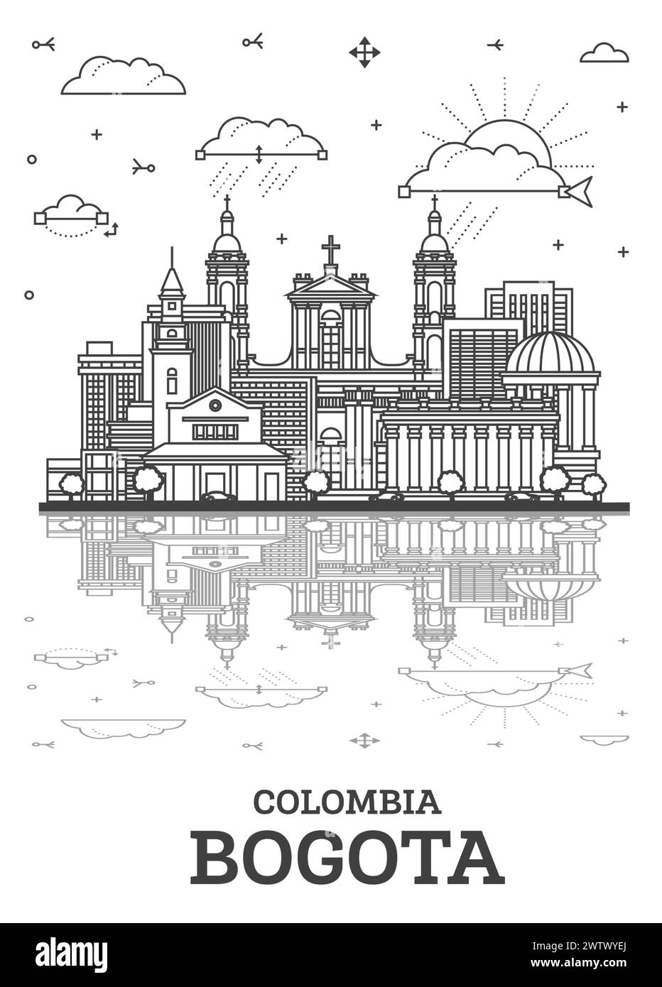 Aperçu Bogota Colombia City Skyline avec bâtiments historiques et réflexions isolés sur blanc. Illustration vectorielle. Paysage urbain de Bogota avec des points de repère. Illustration de Vecteur