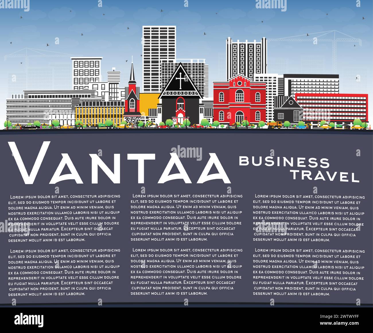 Horizon de la ville de Vantaa Finlande avec des bâtiments de couleur, ciel bleu et espace de copie. Illustration vectorielle. Paysage urbain de Vantaa avec des points de repère. Illustration de Vecteur