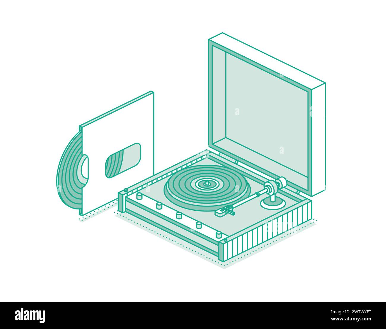 Lecteur de vinyle isométrique avec une plaque. Illustration vectorielle. Objets isolés sur fond blanc. Enregistreur de vinyle. Éléments 3D vintage dans le style de contour Illustration de Vecteur