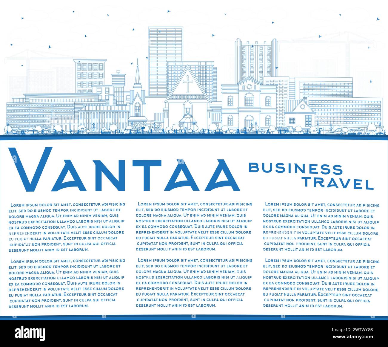 Esquissez la ligne d'horizon de la ville de Vantaa Finlande avec des bâtiments bleus et un espace de copie. Illustration vectorielle. Paysage urbain de Vantaa avec des points de repère. Illustration de Vecteur