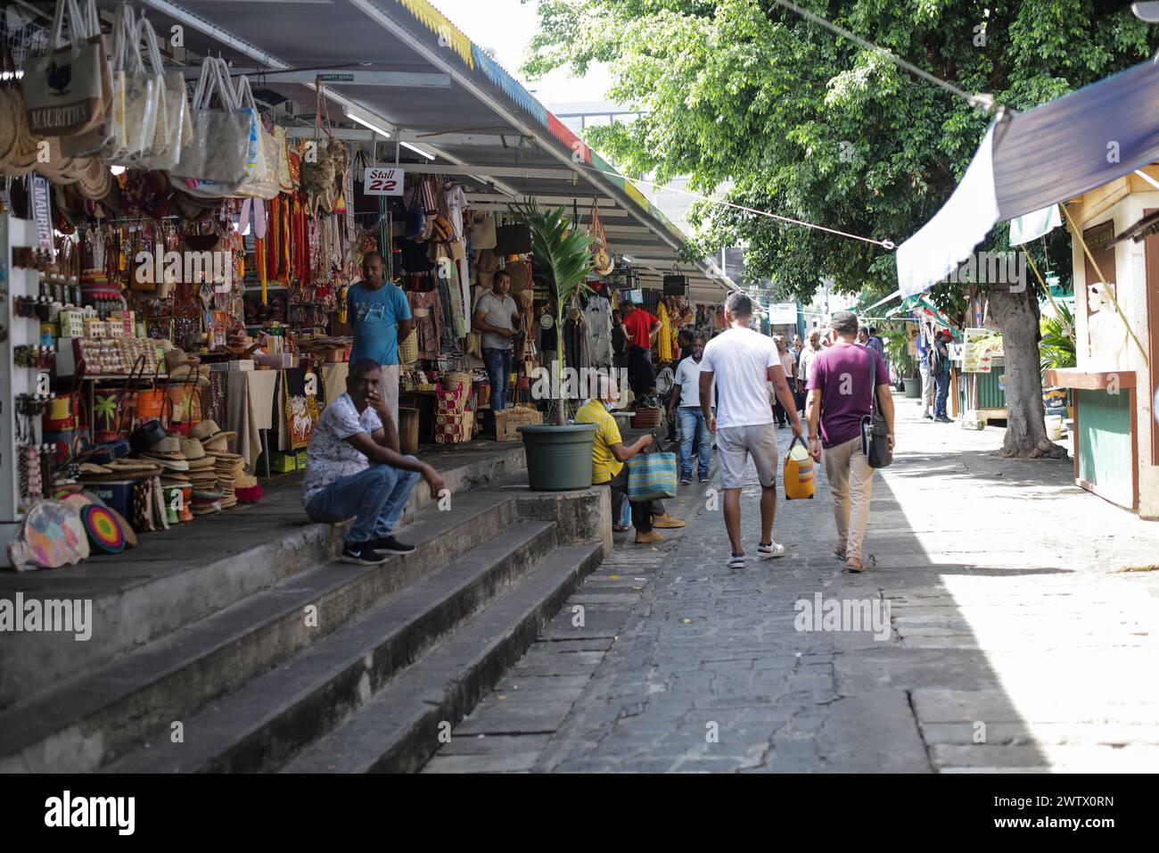 Port louis. Marché central. Ce marché animé en plein air offre une variété de produits à vendre, y compris des fruits, des herbes, des épices et des potions. Banque D'Images