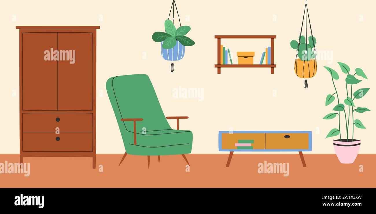 Salon avec fauteuil et plante de macramé. Illustration vectorielle Illustration de Vecteur