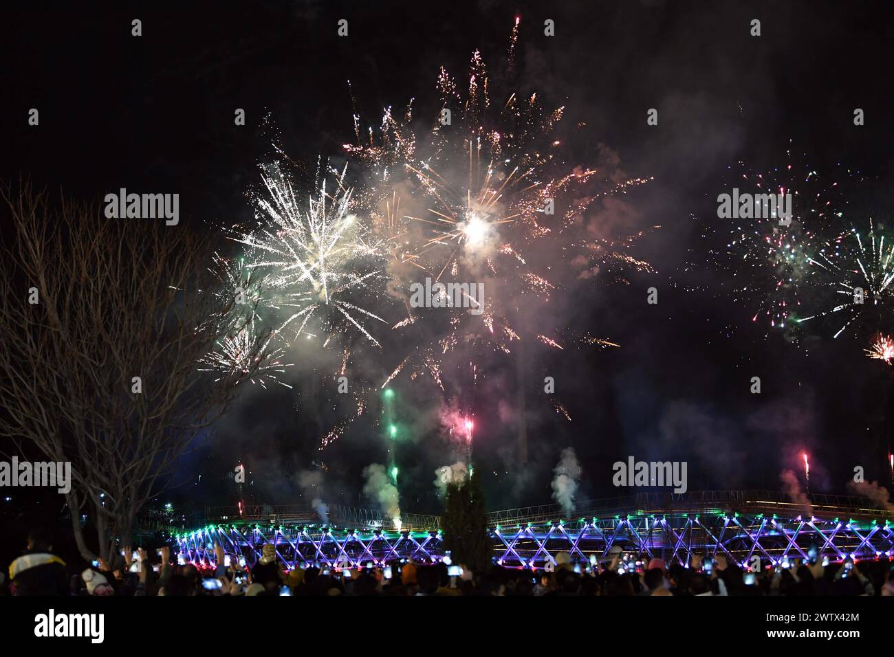 Téhéran, Iran. 19 mars 2024. Les gens regardent un feu d'artifice célébrant le Nowruz, le nouvel an iranien, à Téhéran, Iran, le 19 mars 2024. Crédit : Shadati/Xinhua/Alamy Live News Banque D'Images