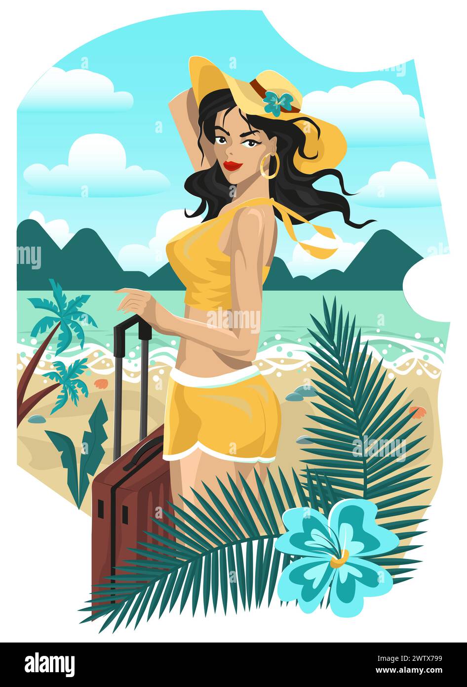 Illustration de dessin animé vectoriel avec une jeune belle femme avec des bagages en vacances sur la plage contre le paysage marin. Fond d'été, concept de voyage, plat des Illustration de Vecteur
