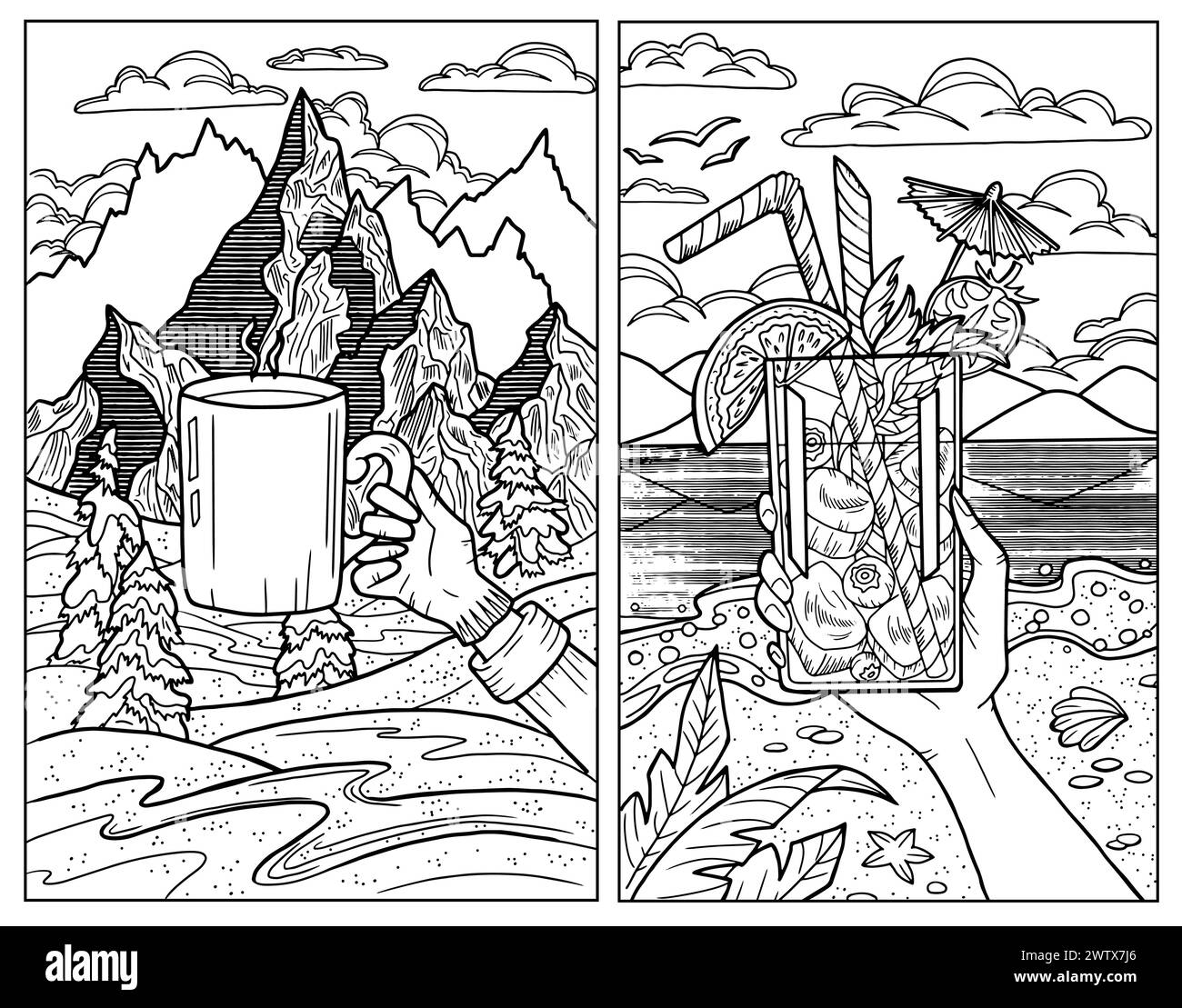 Vector Set avec deux illustrations d'art au trait avec une main tenant un verre de cocktail de fruits contre la plage d'été et bras avec une tasse de café ou de thé sur gagner Illustration de Vecteur