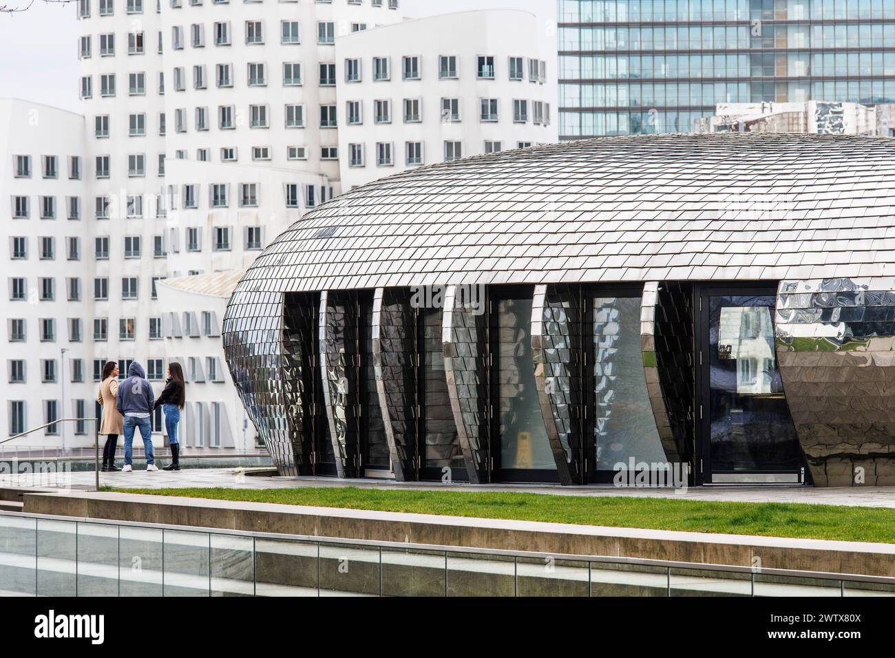 Le Pebbles Bar de l'hôtel Hyatt Regency au port Medienhafen, JSK architectes, en arrière-plan les bâtiments Neuer Zollhof de Frank O. Gehry Banque D'Images