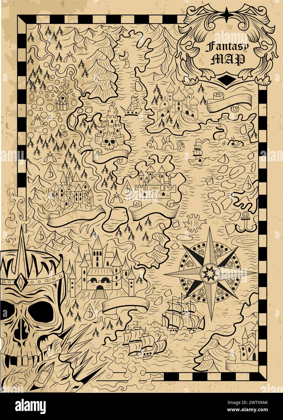 Vieille carte fantastique avec des terres inconnues, des navires, le crâne, la boussole et des créatures sur fond texturé. Aventures de pirates, chasse au trésor et vieux transports Illustration de Vecteur