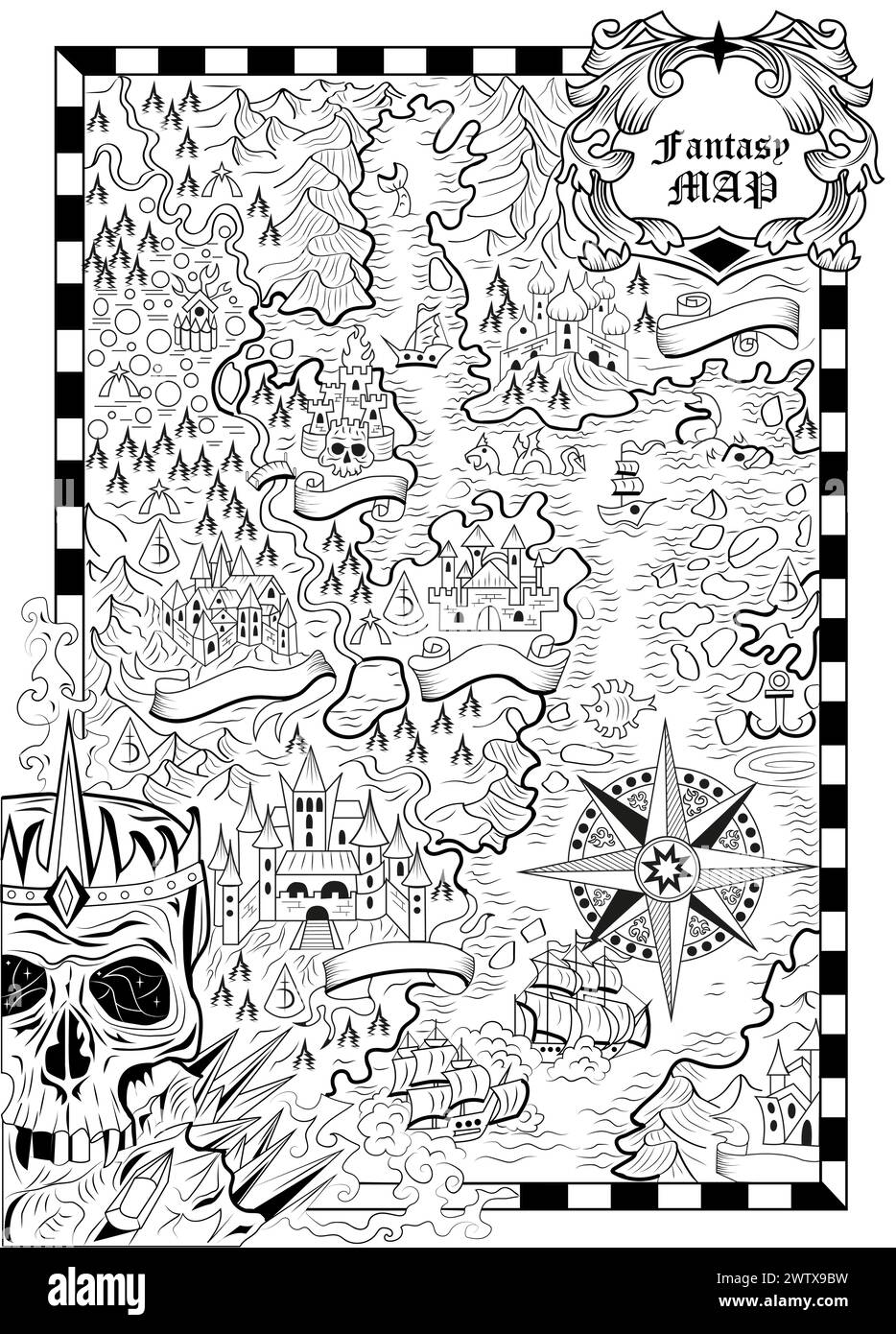 Carte fantaisie d'art au trait avec des terres inconnues, des navires, le crâne, la boussole et les créatures pour la page de coloriage. Aventures de pirates, chasse au trésor et vieux transports Illustration de Vecteur