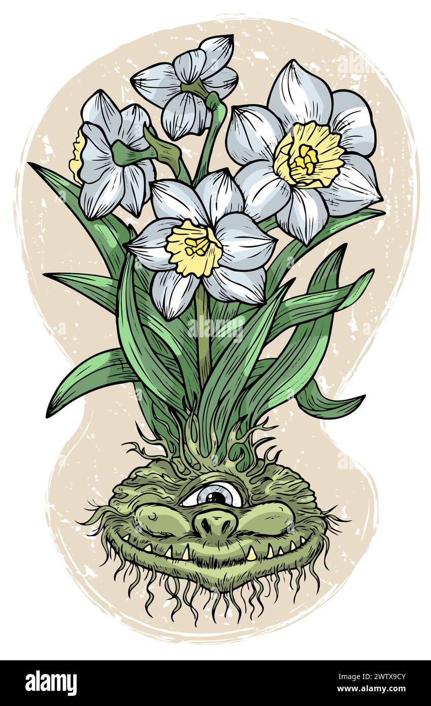 Illustration vectorielle colorée dessinée à la main avec le visage gravé drôle de démon ou de gnome comme racine de belle fleur de printemps de Narcisse isolé sur blanc, gar Illustration de Vecteur