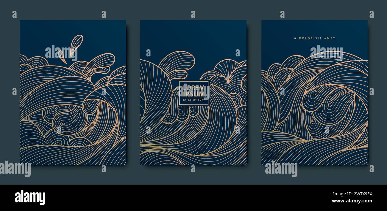 Ensemble vectoriel de fonds de vagues de mer japonaises, art de l'eau de mer, lignes orientales illustrations. Paysage marin vintage graphique. Or sur bleu Illustration de Vecteur