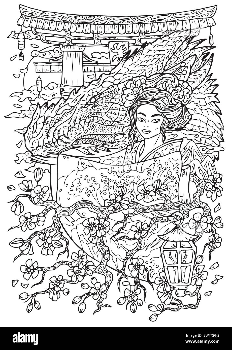 Illustration gravée fantaisie avec belle femme asiatique comme sorcière ou magicien pour coloriage. Dessin au trait graphique dessiné à la main avec concept ethnique comme ta Illustration de Vecteur