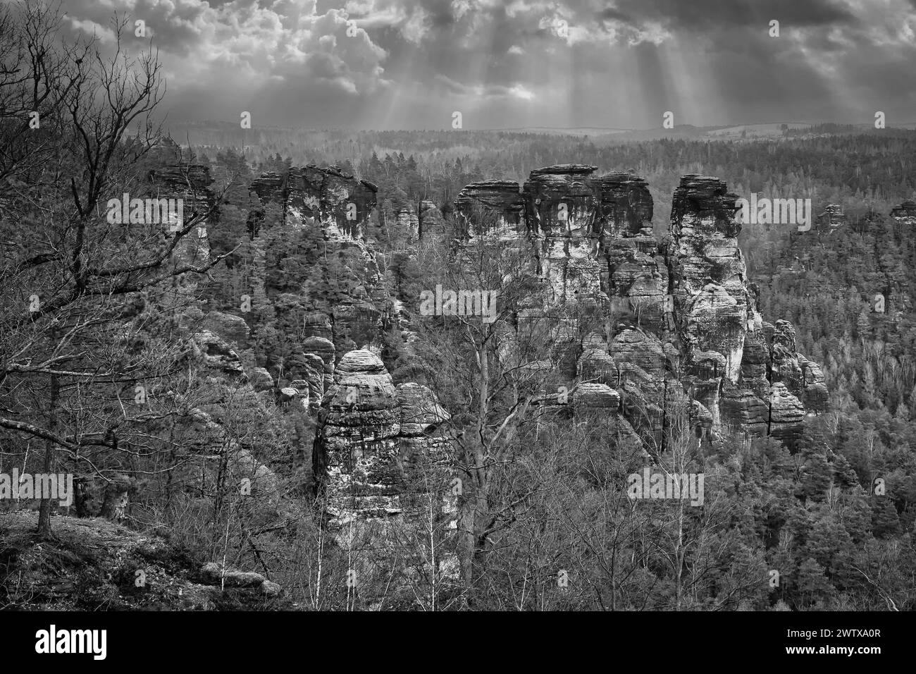 Des rochers déchiquetés au Basteibridge. Vue panoramique sur les arbres et les montagnes. Ciel dramatique. Parc national en Allemagne Banque D'Images