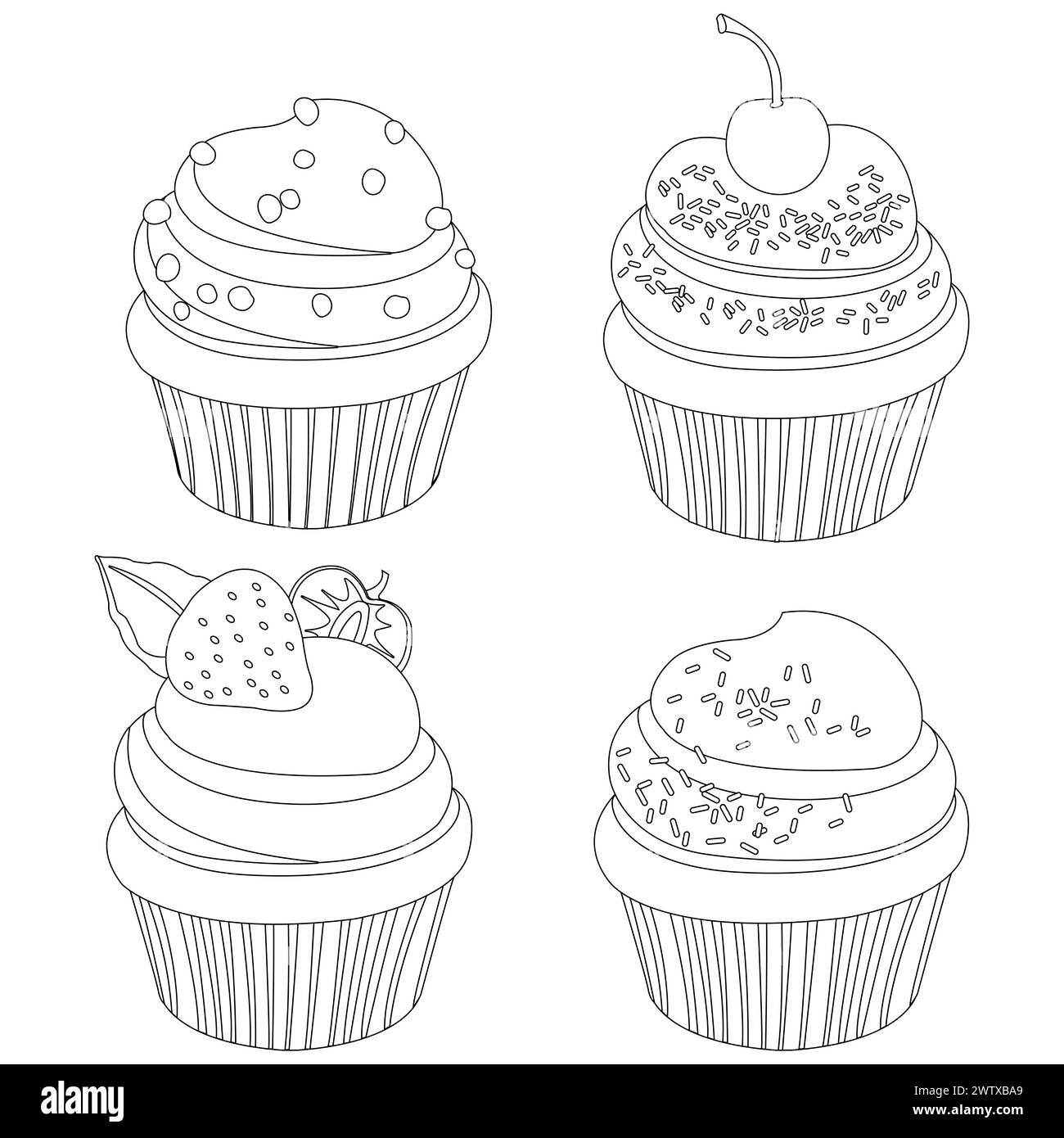 Collection de cupcakes sur fond blanc. Muffins glacés et gâteaux avec sucre et saupoudrés. Ensemble desserts de boulangerie. Coloriage noir et blanc Banque D'Images