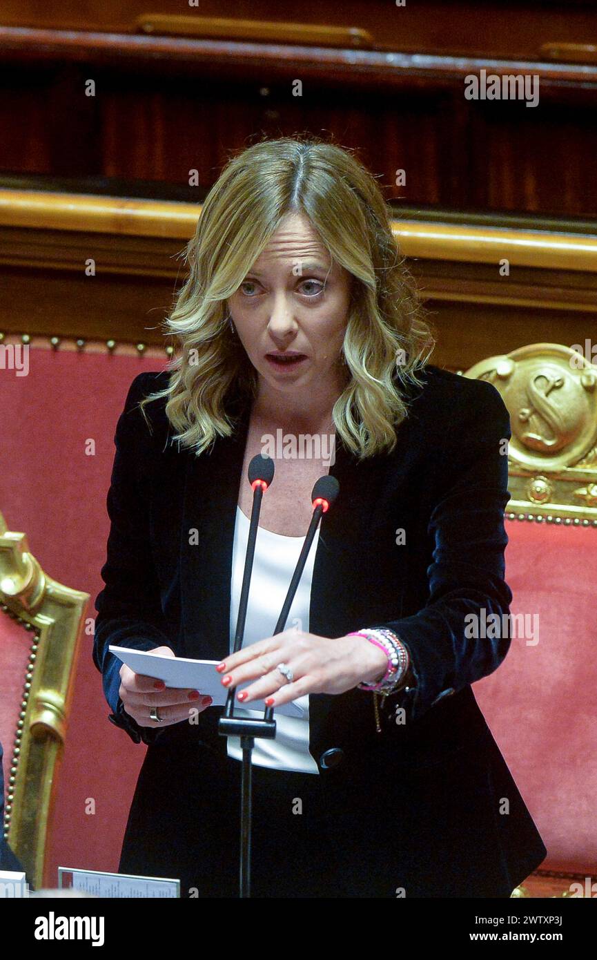 Italie, Rome, 19 mars 2024 : la présidente du Conseil, Giorgia Meloni, fait ses communications à Senato, en vue de la réunion du prochain Conseil européen. Photo © Stefano Carofei/Sintesi/Alamy Live News Banque D'Images