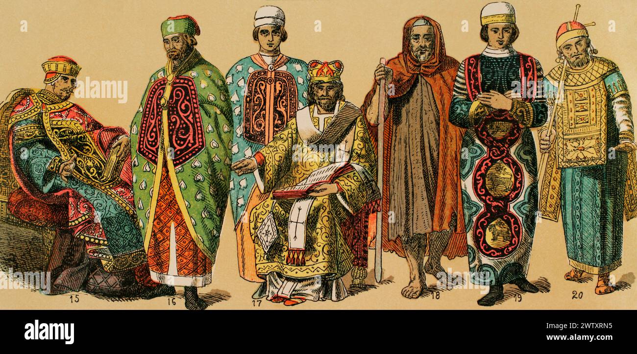 Byzantins, 1000-1200. De gauche à droite, 15 : empereur, 16 : assistant de cour, 17 : costume de prélat, 18 : homme solitaire qui habitait dans les déserts, 19 : assistant de cour, 20 : costume royal. Empereur des temps tardifs. Chromolithographie. Historia Universal, de César Cantú. Volume V, 1884. Banque D'Images