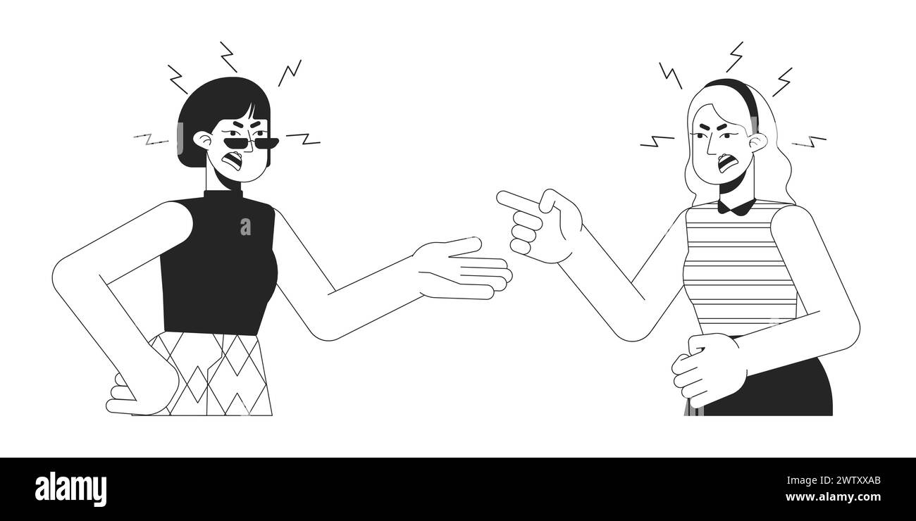 Femmes toxique relation noir et blanc 2D ligne personnages de dessin animé Illustration de Vecteur