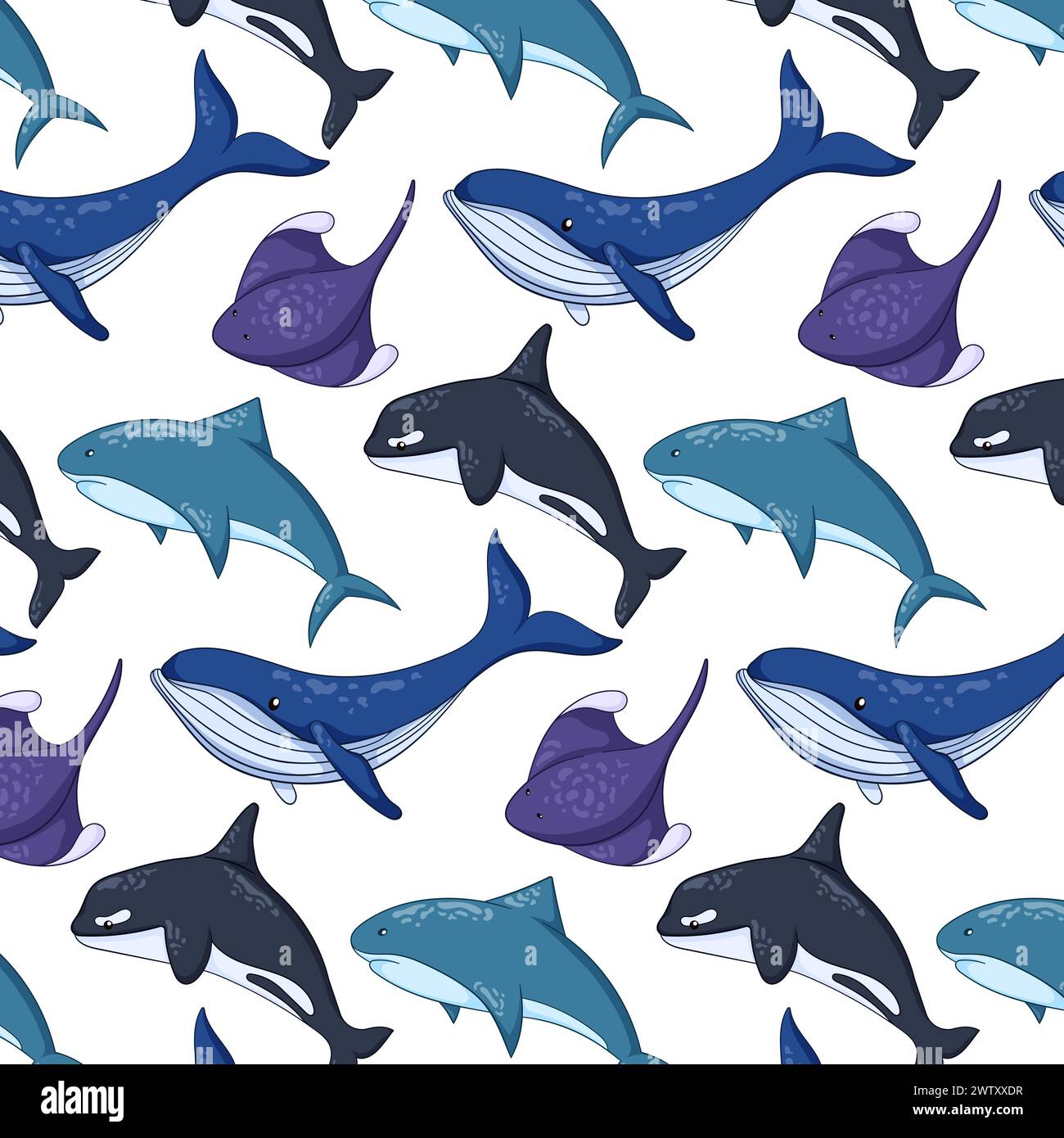 Motif sans couture d'animaux sous-marins et océaniques de dessin animé. Créatures marines sauvages requin de vie, baleine bleue, raie et orque. Illustration vectorielle sur un Illustration de Vecteur