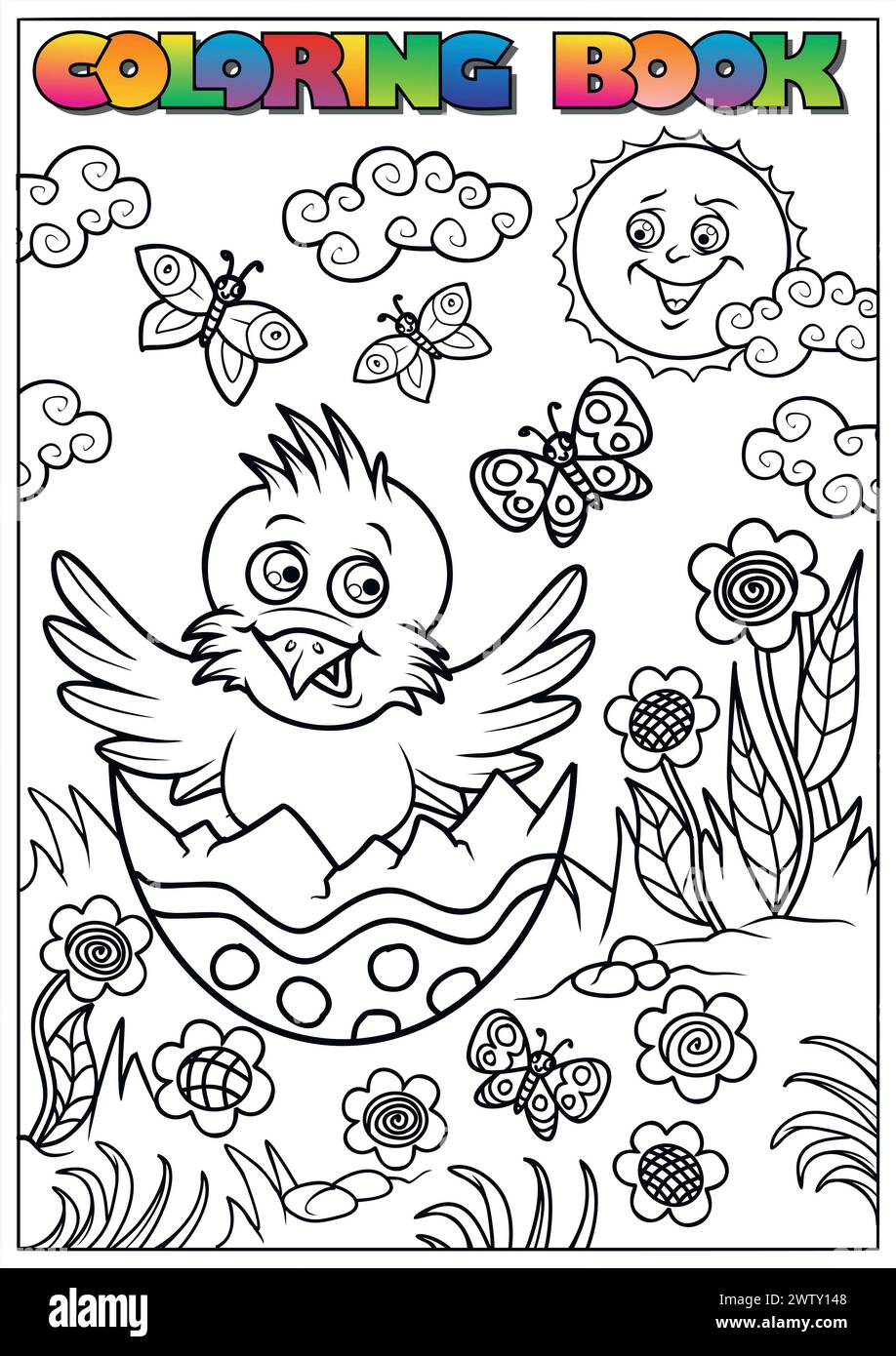 Livre de coloriage de Pâques pour les enfants - poussins éclosant d'un œuf Illustration de Vecteur