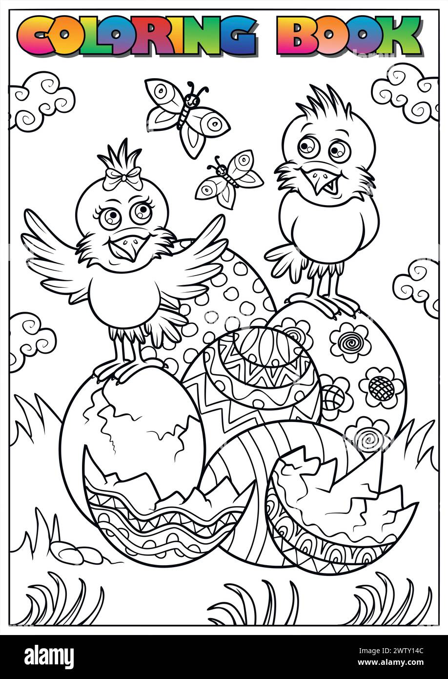 Livre de coloriage de Pâques pour les enfants - poussins éclosant d'un œuf Illustration de Vecteur