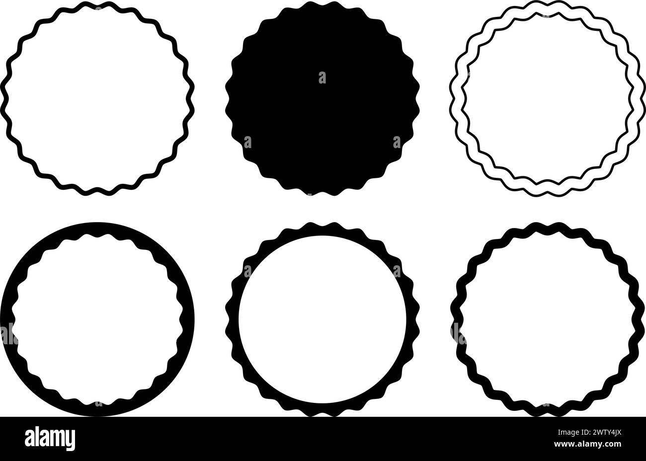 Ensemble de différents cadres de cercles mobiles. Formes rondes avec bordures ondulées. Vignettes photo ondulées, cadrages miroir, boîtes de texte vides, éléments de conception pour albums de scrapbooking. Illustration graphique vectorielle. Illustration de Vecteur