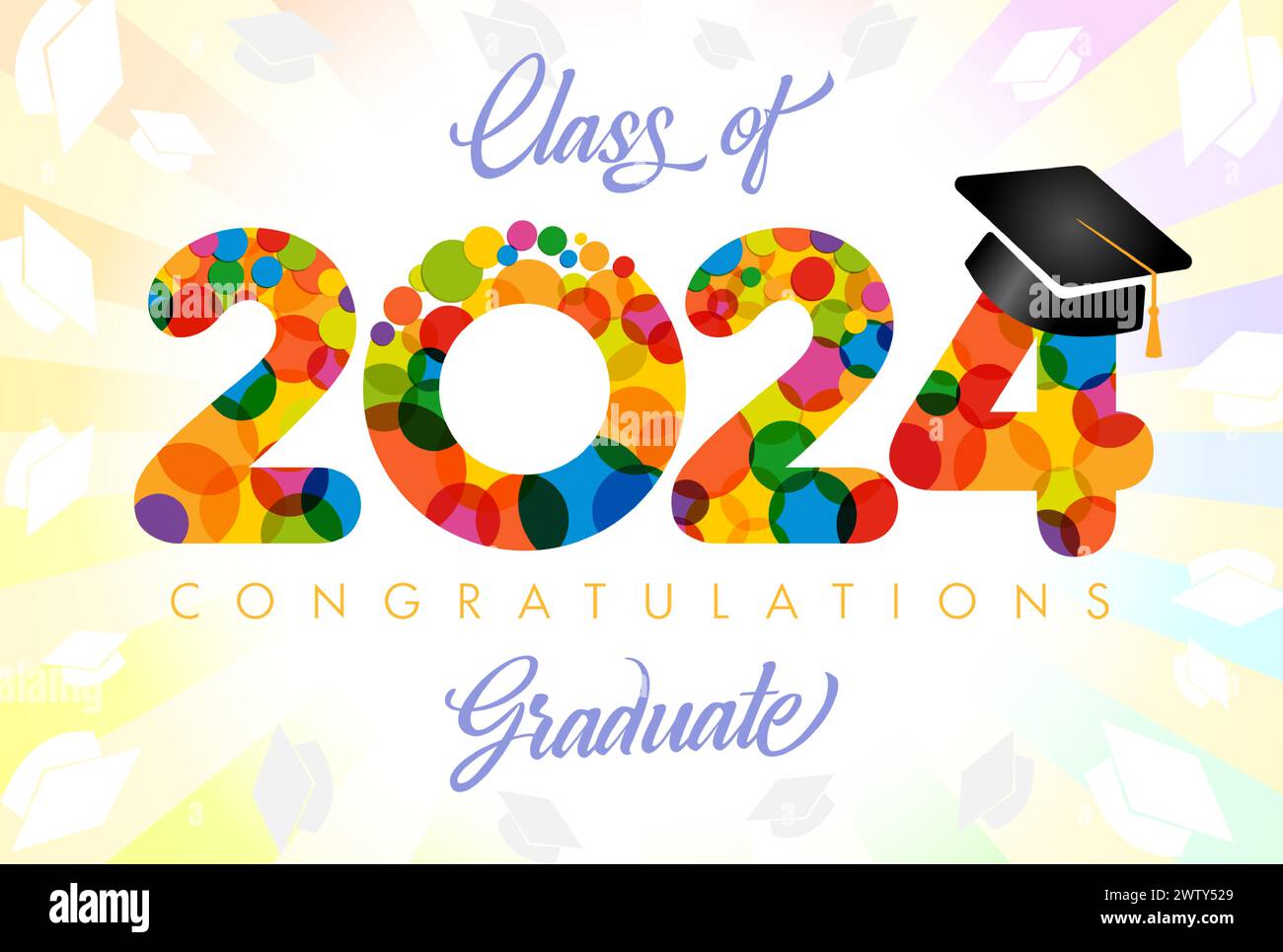 Classe de 2024 événement diplômant décoration mignonne. Design de bannière scolaire. Icône colorée 2024 avec chapeau de graduation. Fond festif. Numéro isolé Illustration de Vecteur