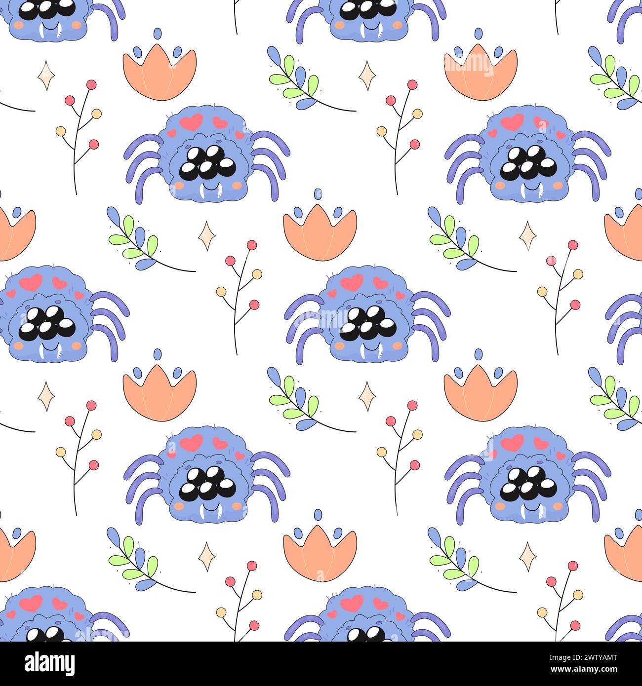 Modèle sans couture, araignée simple mignonne dans les fleurs, insecte d'insecte, dessin animé, enfants, sur fond blanc pour le tissu, papier d'emballage Illustration de Vecteur