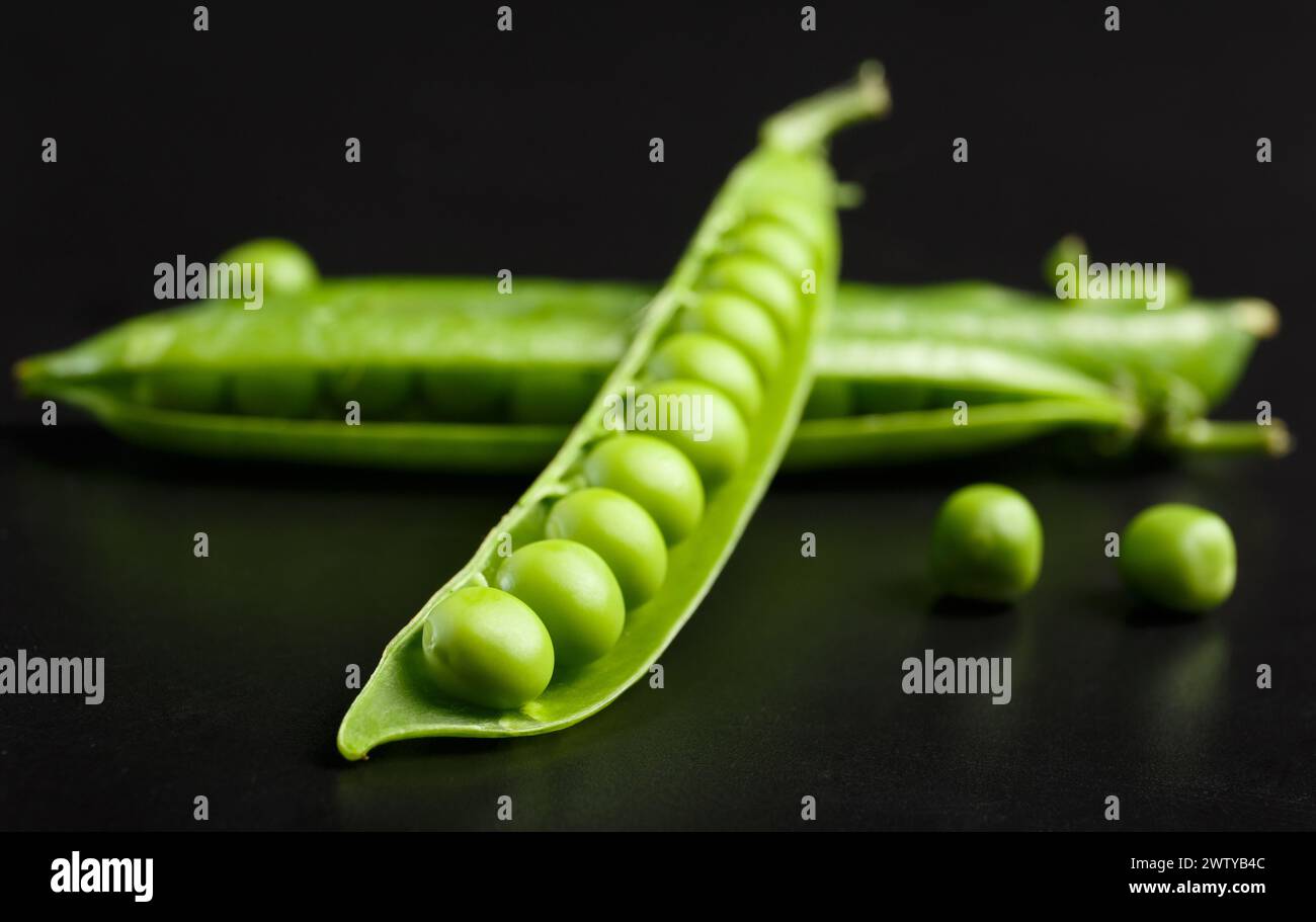 Gousse fermée et ouverte de pois verts frais avec de gros grains sur fond noir, gros plan. Protéines végétales, produits pour végétaliens, végétariens. Banque D'Images