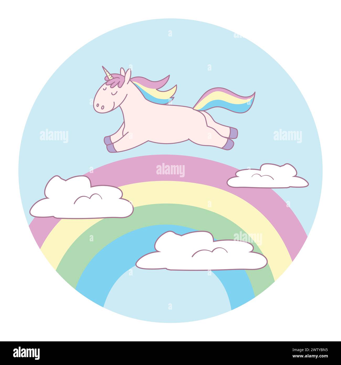 Mignonne licorne de dessin animé vole au-dessus de l'arc-en-ciel. Illustration vectorielle Illustration de Vecteur