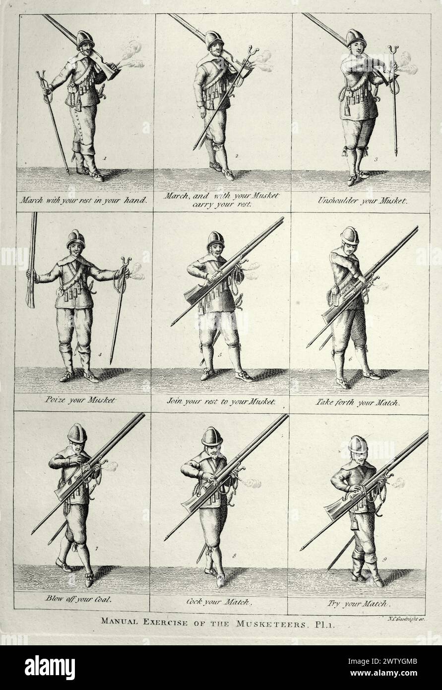 Illustration vintage, soldat anglais, mousquetaire, exercice avec le mousquet, infanterie, histoire militaire, armes 17ème siècle Banque D'Images