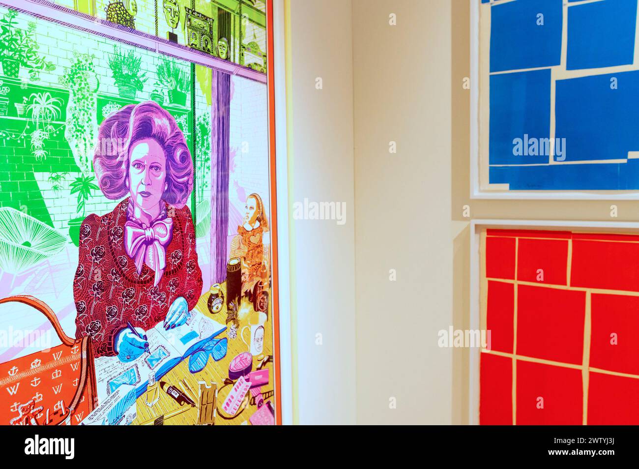 Londres, Royaume-Uni. 20 mars 2024. Préparatifs pour l'ouverture de la London original Print Fair à Somerset House avec des éditions rares et inédites de Picasso, Miro, Twombly, Rego et d'autres. Grayson Perry 'Votez for me' (à gauche) et Christopher le Brun Works, crédit à droite : Phil Robinson/Alamy Live News Banque D'Images