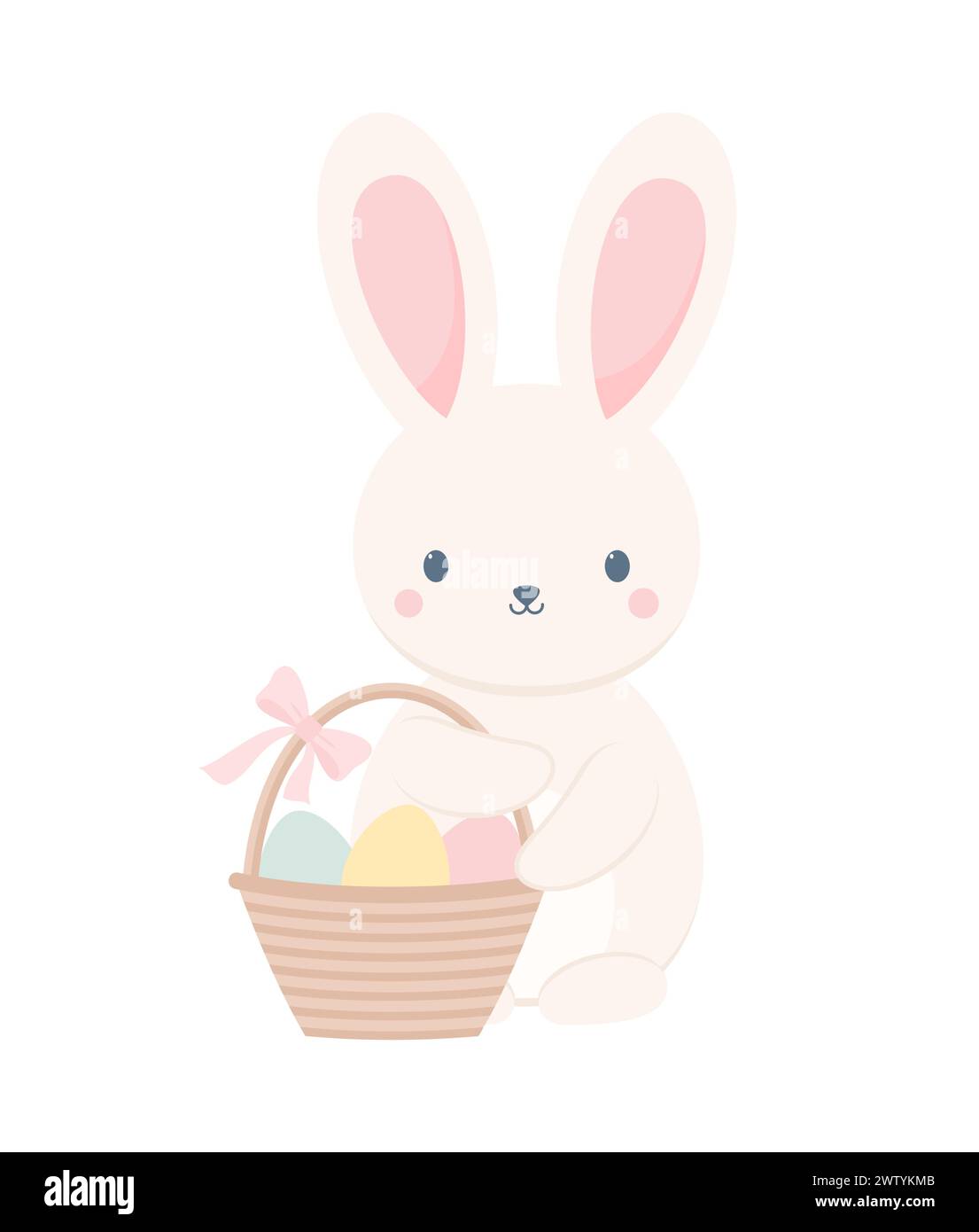 Joli lapin de Pâques tenant un panier d'œufs de Pâques, isolé sur un fond blanc. Caractère de Pâques. Illustration vectorielle plate Illustration de Vecteur