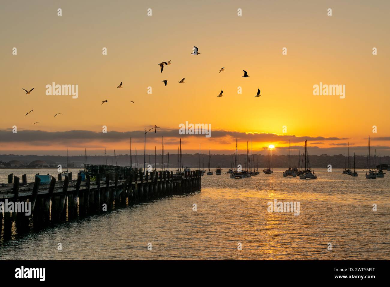 Ancienne jetée, mouettes et bateaux au coucher du soleil dans le port de San Diego, Californie Banque D'Images