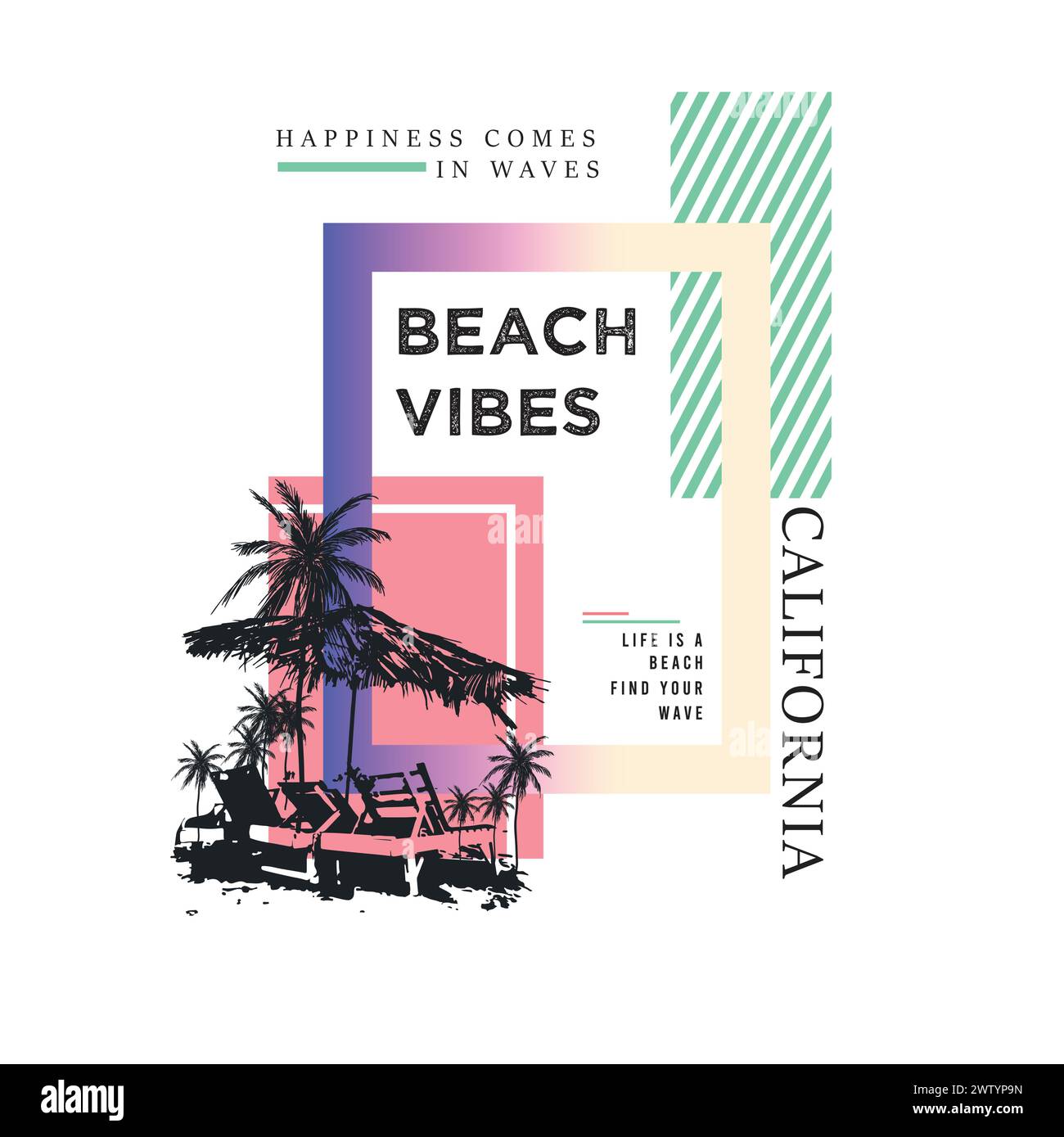 Summer Graphic California Beach Vibes gradient géométrique typographie carré graphique t shirt imprimé vecteur de conception Illustration de Vecteur