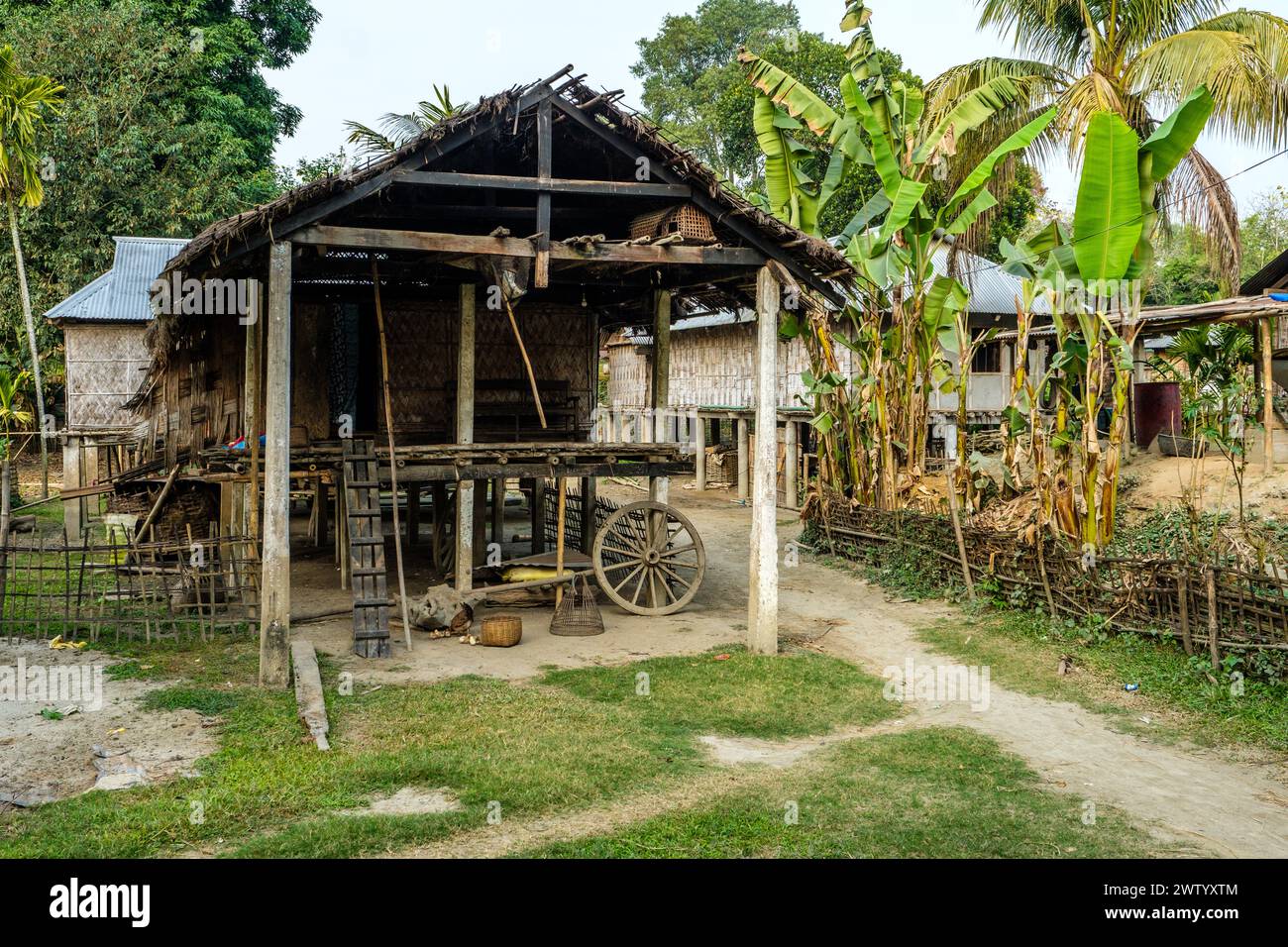 Maisons traditionnelles en bambou sur pilotis dans un village sur l'île de Majuli, Assam, Inde Banque D'Images
