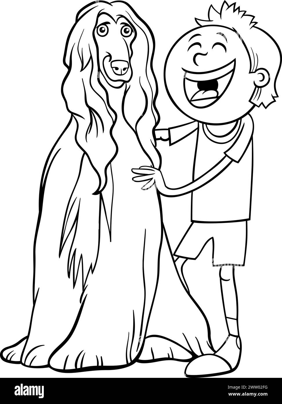 Illustration de dessin animé de personnage de garçon drôle avec sa page de coloriage de chien de compagnie Illustration de Vecteur