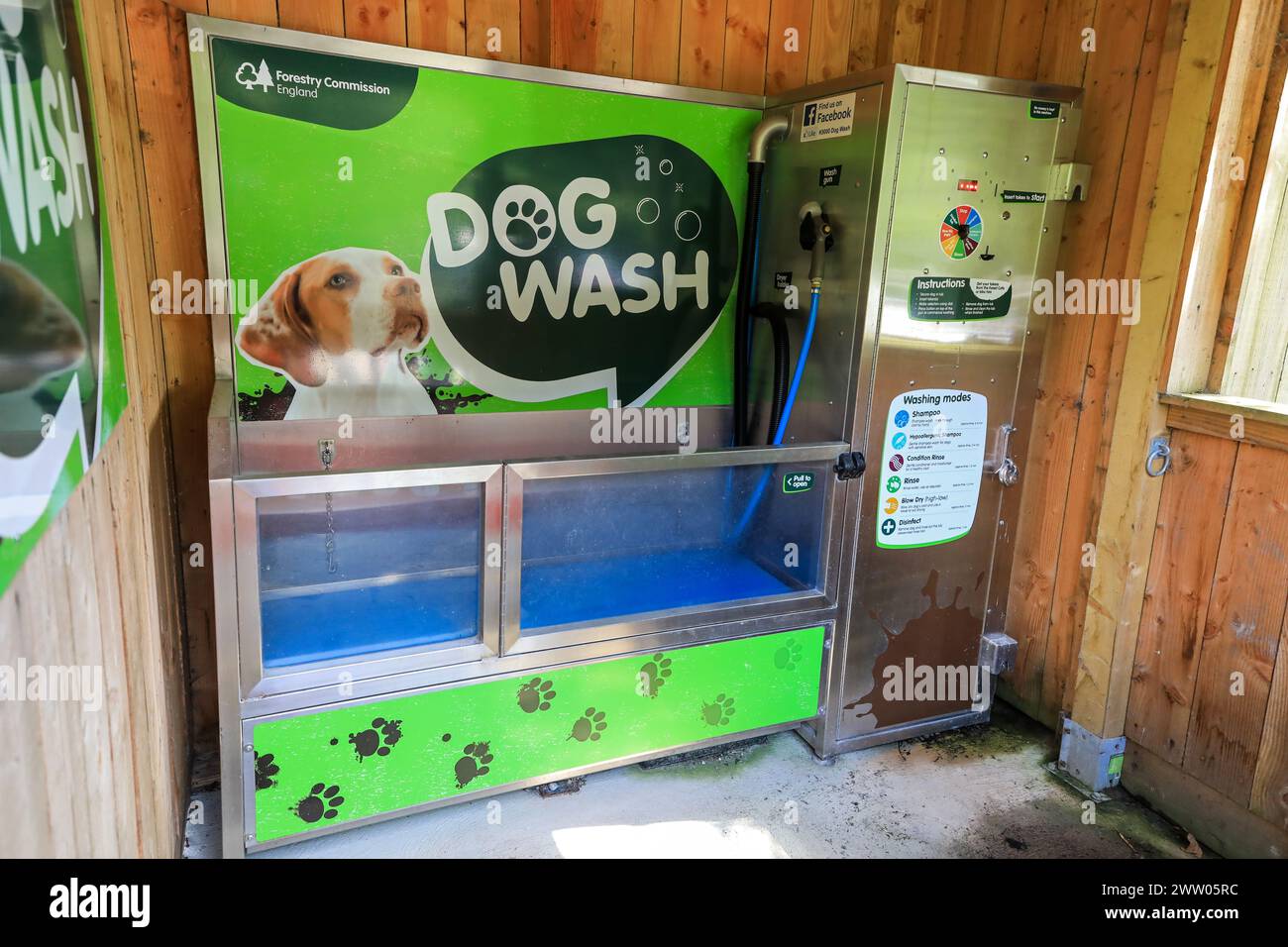 Une machine automatique de lavage de chiens à Cardinham Woods, un site géré par Forestry England, Cornwall, Angleterre, Royaume-Uni Banque D'Images