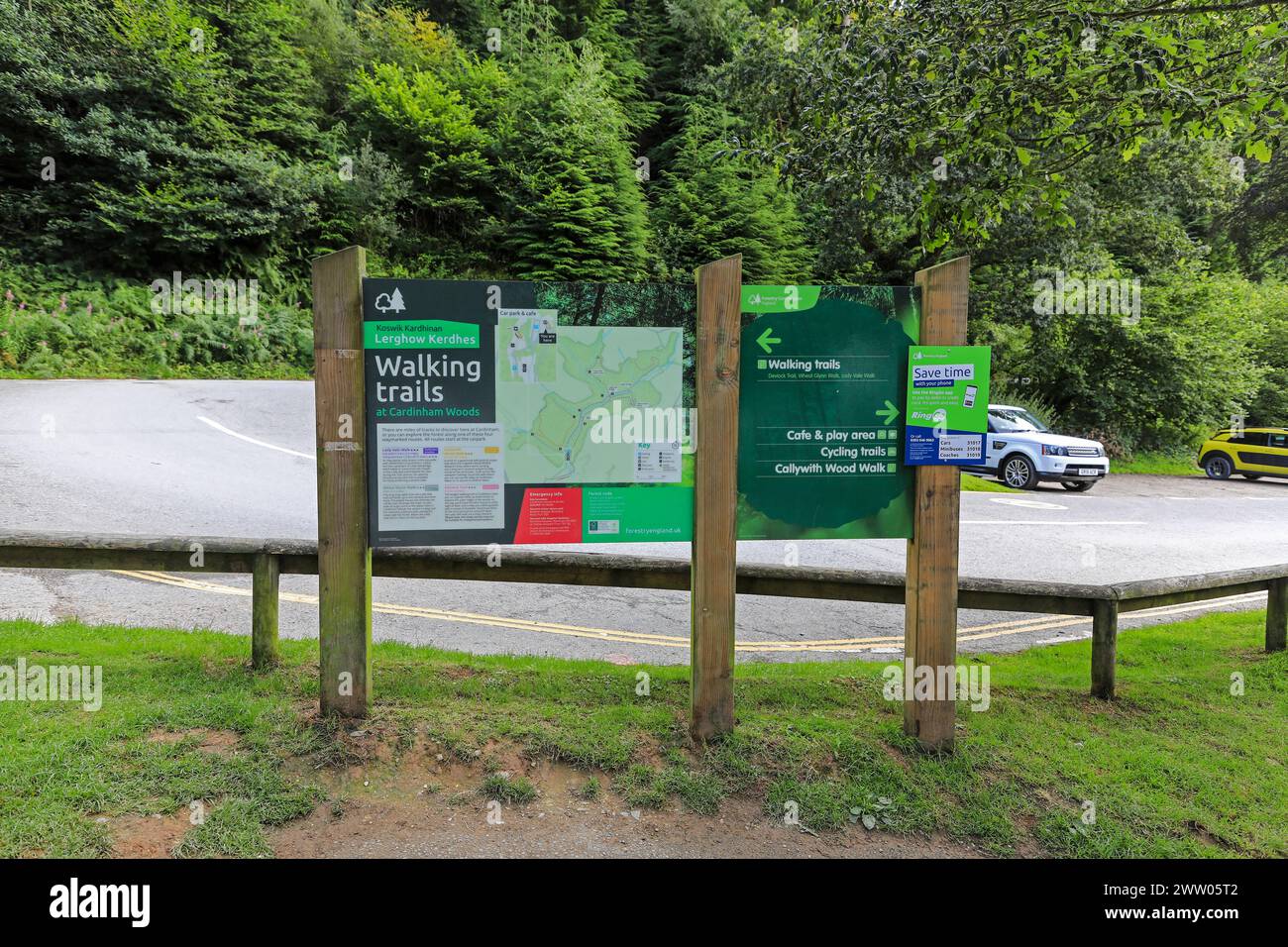 Un panneau d'information ou un panneau montrant les sentiers pédestres de Cardinham Woods, un site géré par Forestry England, Cornwall, Angleterre, Royaume-Uni Banque D'Images