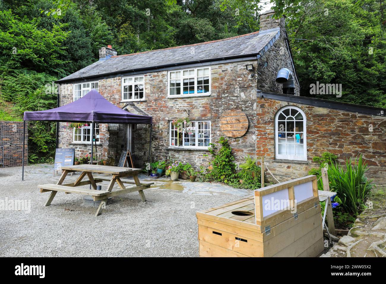 The Woods Cafe à Cardinham Woods, un site géré par Forestry England, Cornwall, Angleterre, Royaume-Uni Banque D'Images