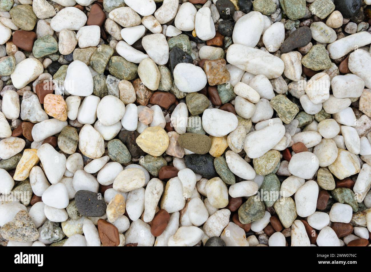 Des cailloux colorés de différentes tailles créent une surface texturée naturelle. Banque D'Images