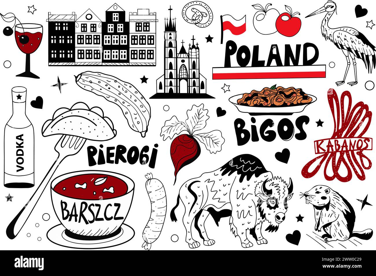 Pologne icônes de voyage ensemble de symboles de plats traditionnels polonais, animaux, drapeau, architecture. Bison et castor, et cabanos. Traduction anglaise de Illustration de Vecteur