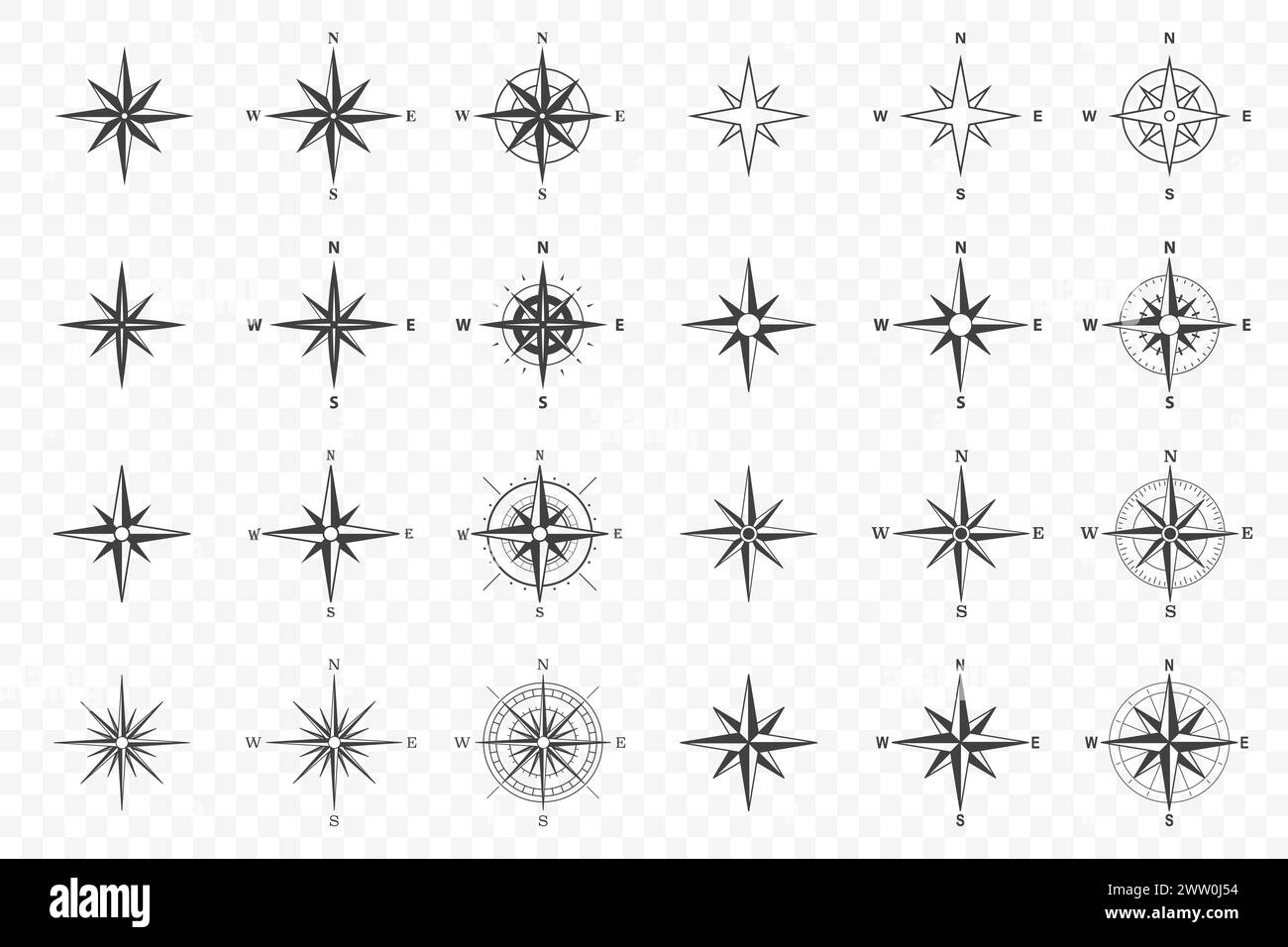 Vecteur plat noir monochrome symbole de rose du vent, icône de boussole, ensemble d'éléments de conception, isolé Illustration de Vecteur