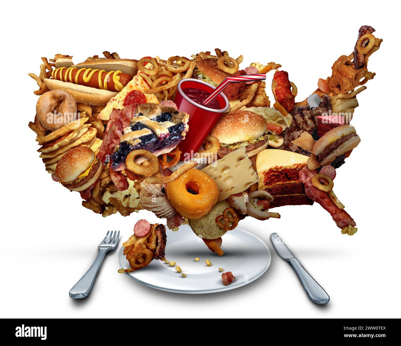 US mauvaises habitudes alimentaires et American Junk Food Crisisor fast-food Diet comme question nutritionnelle des États-Unis représentant l'obésité en Amérique et gras Banque D'Images