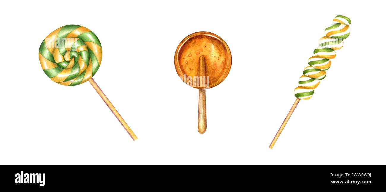 Ensemble de sucettes spirales sur bâton. Caramel rond avec des tourbillons rayés, bonbons au sucre. Bonbons aux fruits, bonbons durs. Illustration aquarelle pour boutique de bonbons Banque D'Images