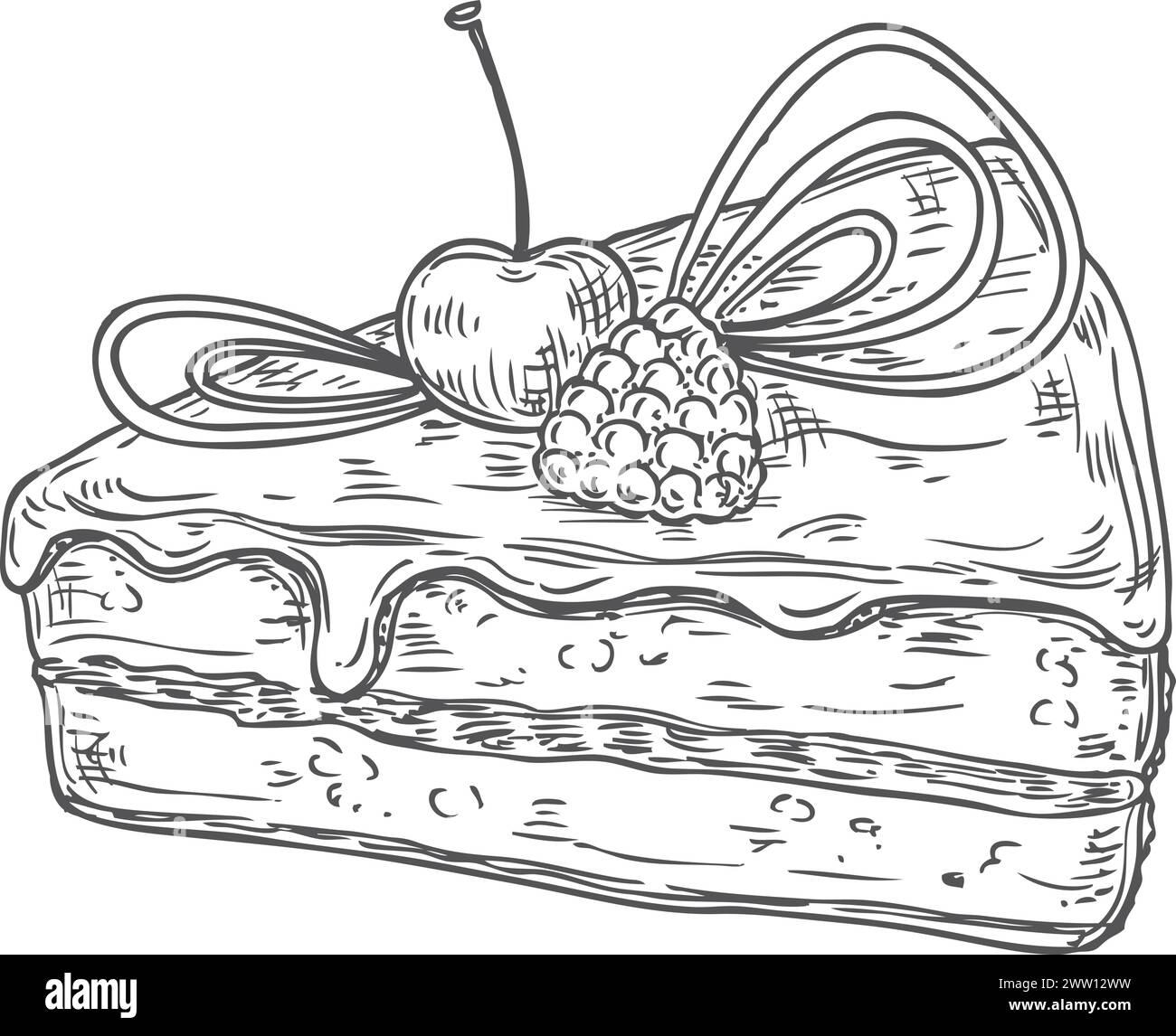 Croquis de gâteau. Tranche de tarte à la crème aux baies Illustration de Vecteur