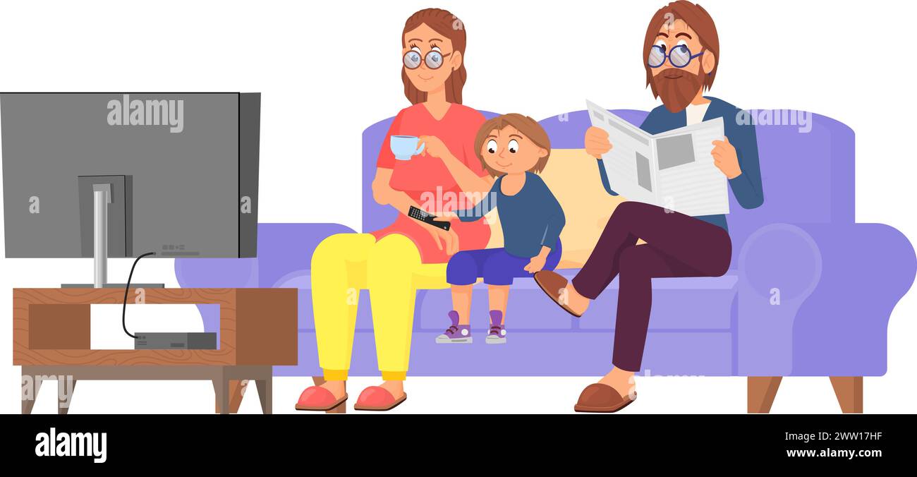 Parents et enfant se reposant à la maison et regardant la télévision ensemble Illustration de Vecteur