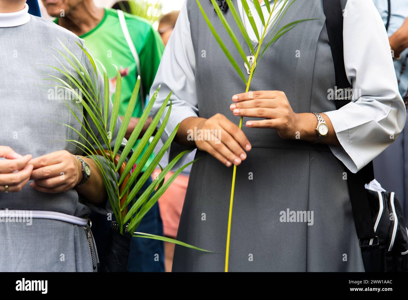 Salvador, Bahia, Brésil - 14 avril 2019 : on voit des catholiques marcher et prier pendant la célébration du dimanche des Rameaux dans la ville de Salvador, Bahia. Banque D'Images