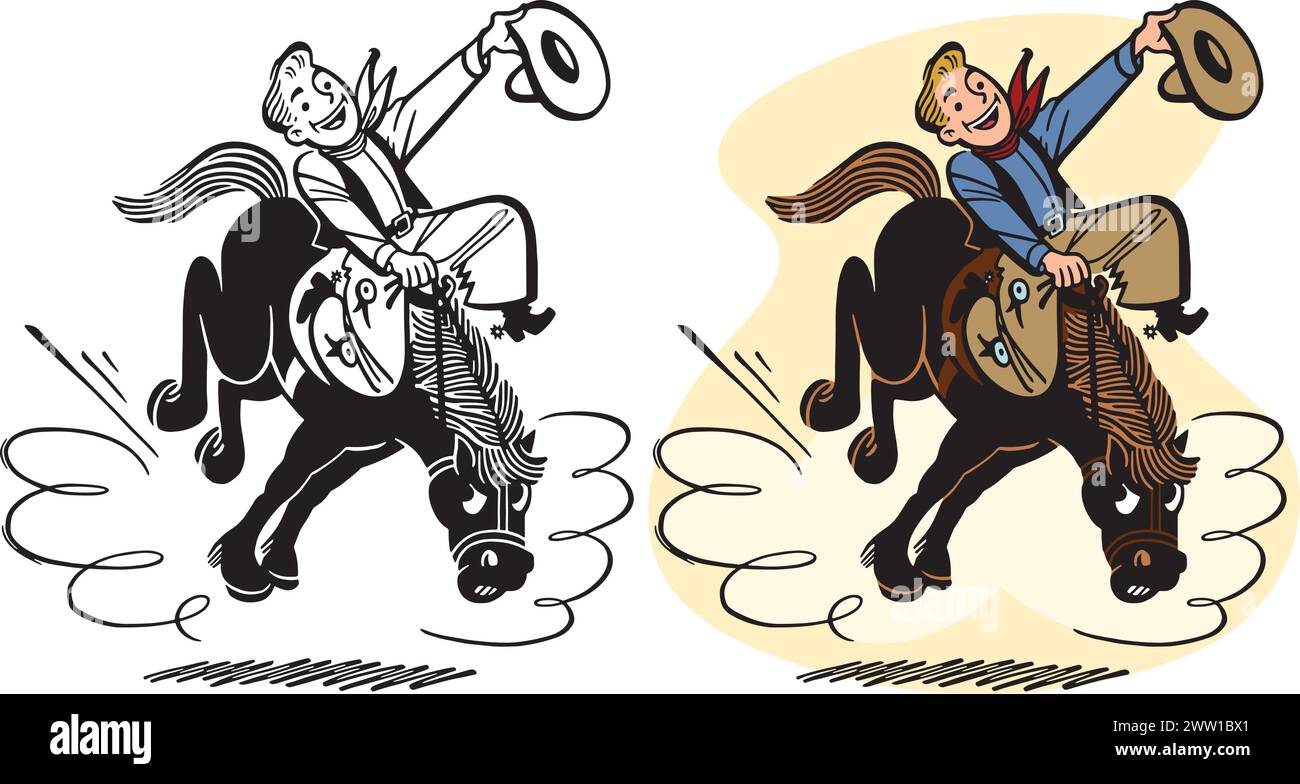 Un dessin animé rétro vintage d'un cow-boy chevauchant un bronco buking. Illustration de Vecteur