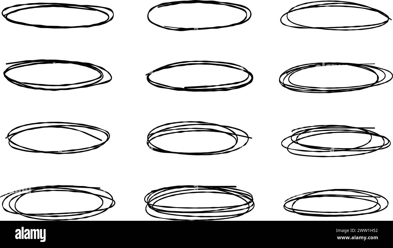 Ovales dessinés à la main. Cadres de cercles higligt. Ellipse . Ensemble d'illustrations vectorielles isolées sur fond transparent. Illustration de Vecteur