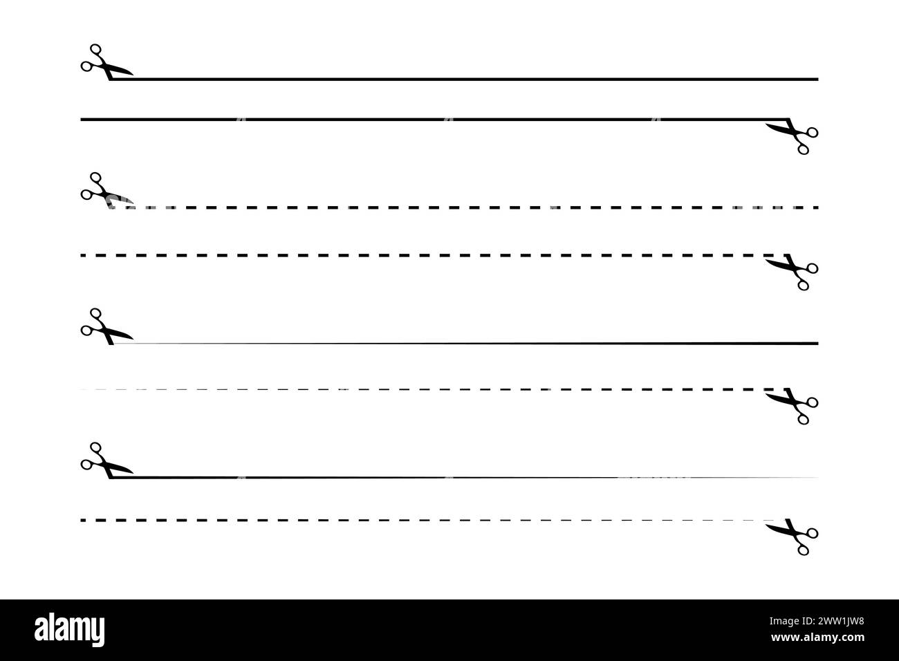 Icône de ciseaux vectoriels, lignes pointillées avec des symboles de ciseaux, ligne de coupe avec des ciseaux. Illustration de Vecteur