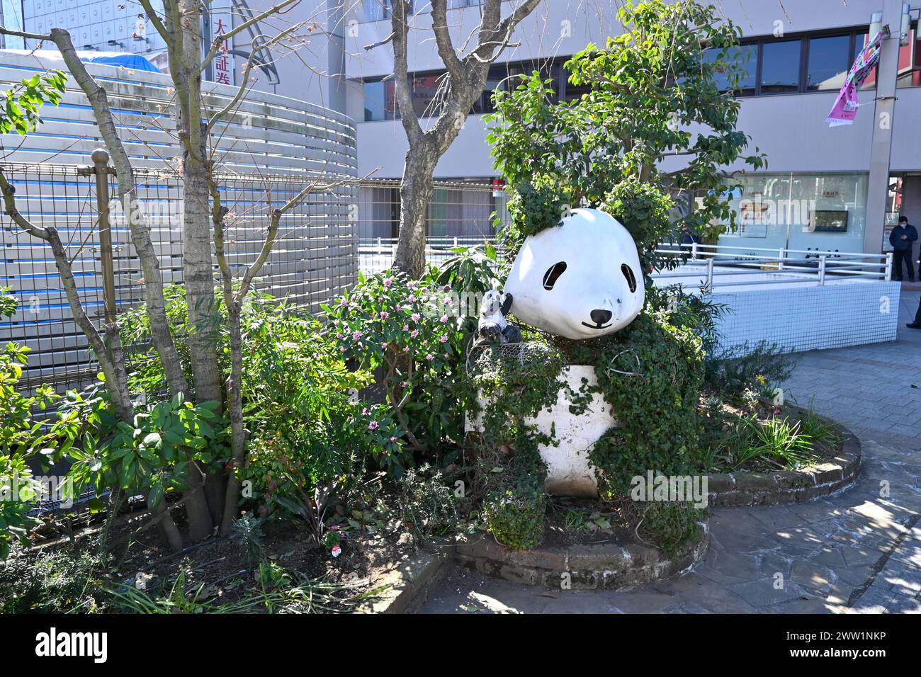 Statue des « Pandas verts » près du parc Ueno – Taito, Tokyo, Japon – 28 février 2024 Banque D'Images